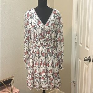 Max Studio White Floral V-Neck Smocked Waist Long Sleeve Dress